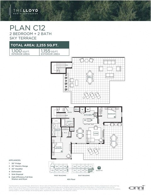 Floor plan for 2 beds, 2 baths, 1103 sqft